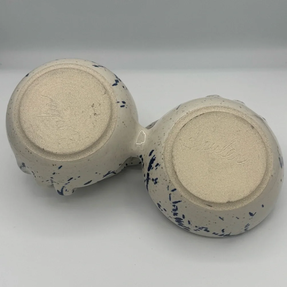 Handcrafted Ceramic Speckled Blue and Gold Dual Double Bowl with Braided Handle